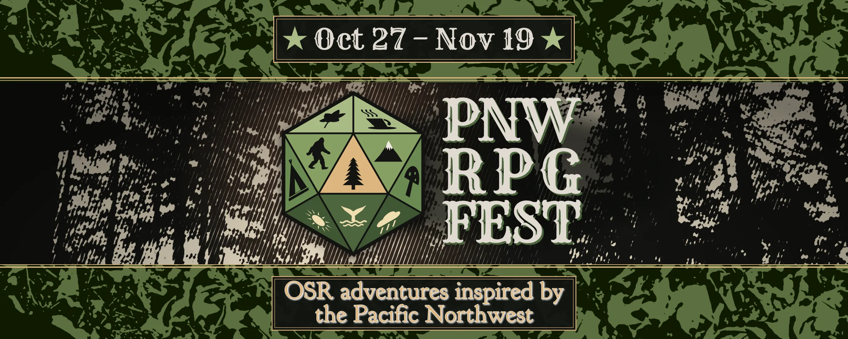 PNW RPG Fest. October 27 to November 19. OSR adventures inspired by the Pacific Northwest.